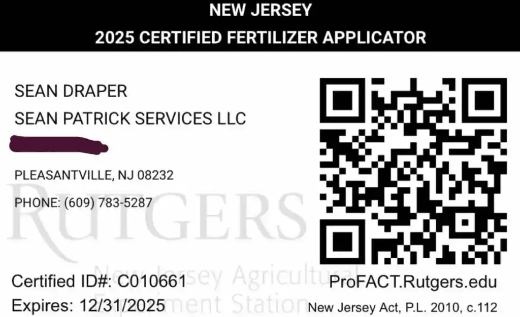 New Jersey 2025 Certified Fertilizer Applicator - Sean Draper, Sean Patrick Services LLC