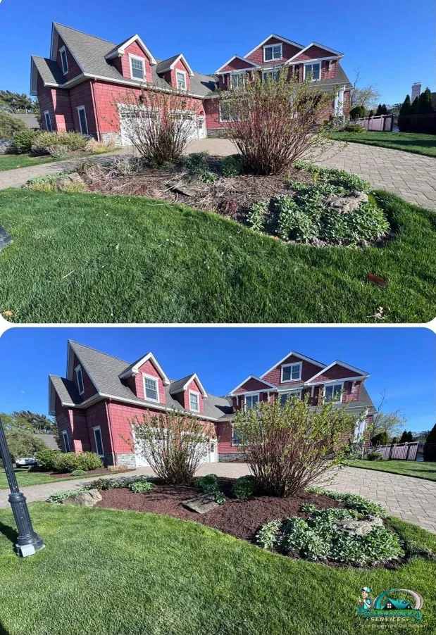 Landscape bed mulch refresh and cleanup before and after in Linwood NJ
