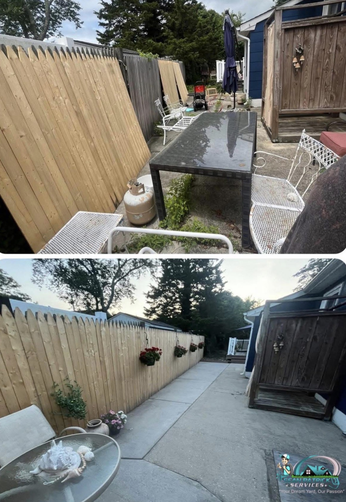 Patio cleanup and fence repair before and after in Somers Point NJ
