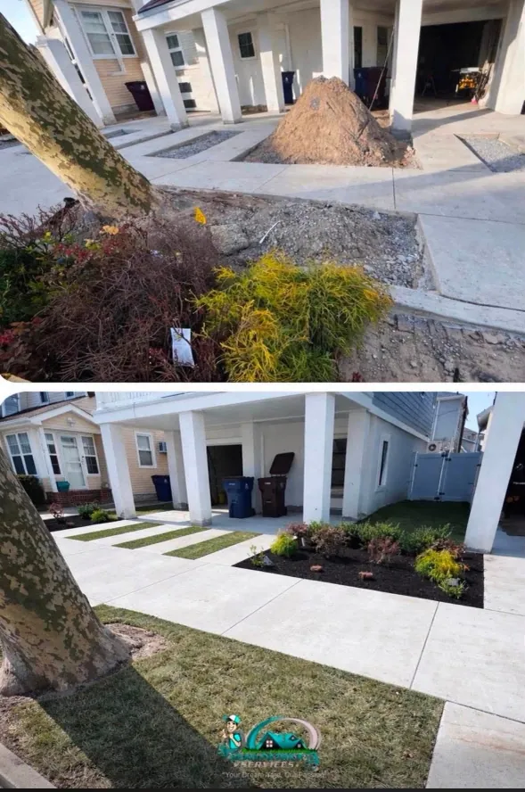 Paver walkway and mulch bed installation before and after in Ventnor NJ