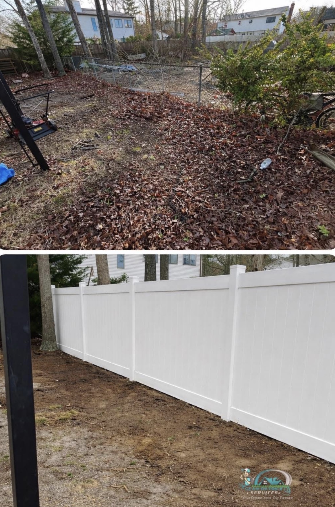 Yard cleanup and vinyl fence installation before and after in Absecon NJ